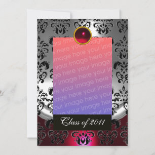 SILVER RED,BLACK DAMASK GRADUATION MONOGRAM ANNOUNCEMENT