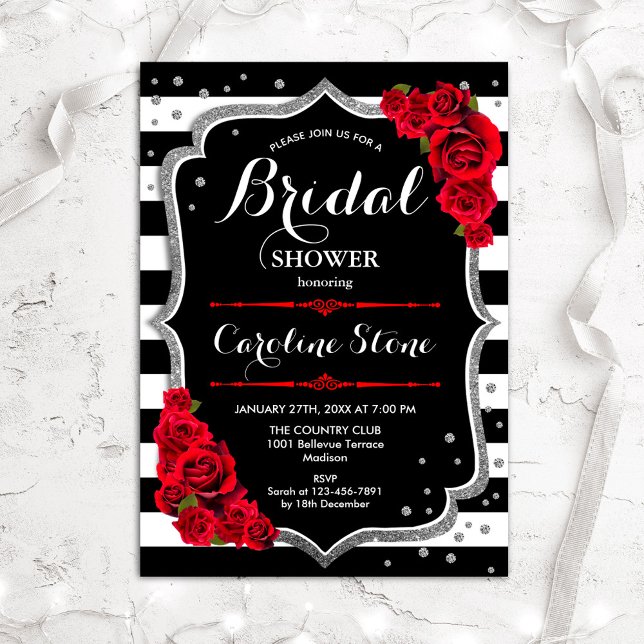 Silver Red Black White Stripes Bridal Shower Invitation (Creator Uploaded)