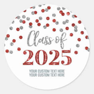 Silver Red Confetti Graduation 2025 Classic Round Sticker