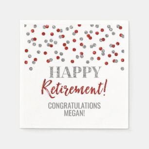 Silver Red Confetti Happy Retirement Napkin
