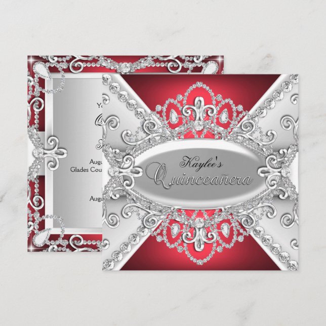Silver & Red Diamond Damask Quinceanera Invite (Front/Back)