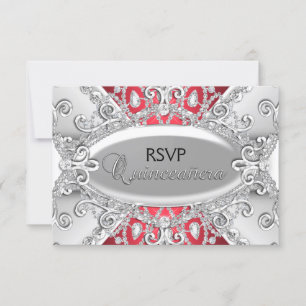 Silver & Red Diamond Damask Quinceanera RSVP