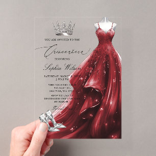 Silver Red Dress Princess Quinceañera  Acrylic Invitations