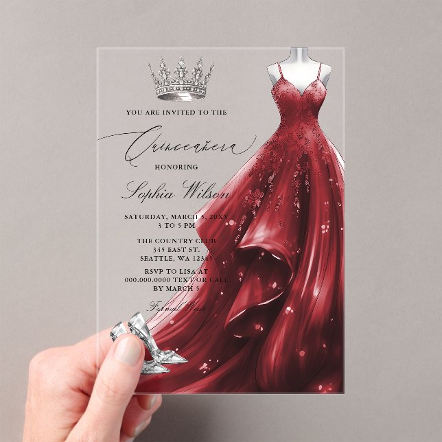 Silver Red Dress Princess Quinceañera  Acrylic Invitations (Insitu (Handheld))