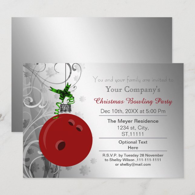 silver red Festive Corporate Bowling party Invite (Front/Back)