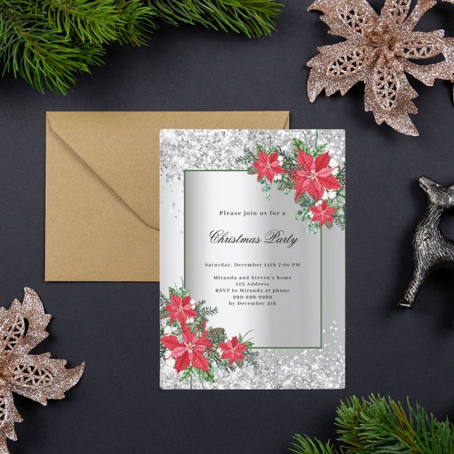 Silver red floral decor Christmas Party Invitation (Creator Uploaded)