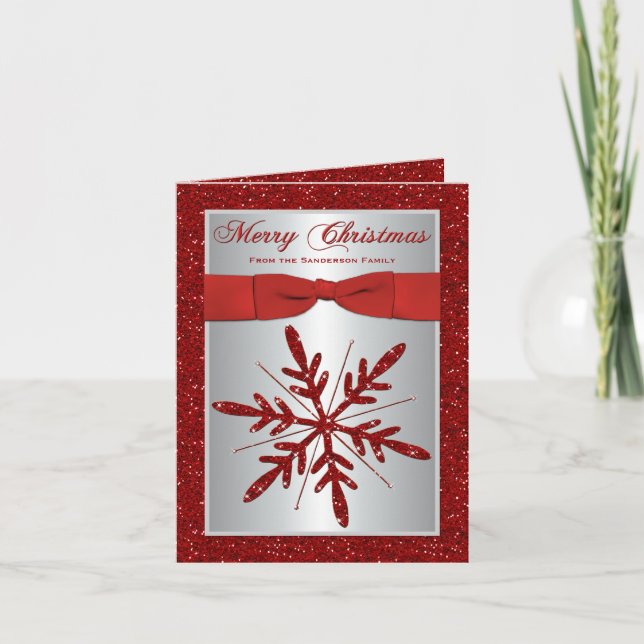Silver, Red Glitter Snowflake Photo Christmas Card (Front)