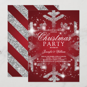Silver Red Glitter Snowflake Xmas Holiday Party Invitation