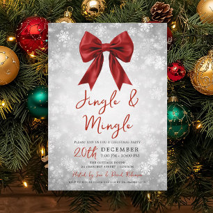 Silver Red Jingle Mingle Christmas Party Bow Snow  Invitation