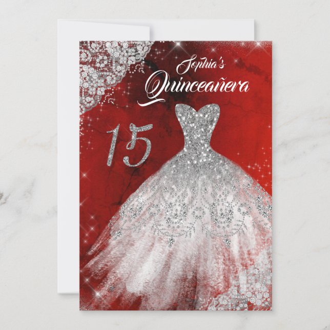 Silver Red Lace Diamond Sparkle Gown Quinceanera Invitation (Front)