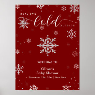 Silver Red Magical Snowflake Baby Shower Welcome Poster