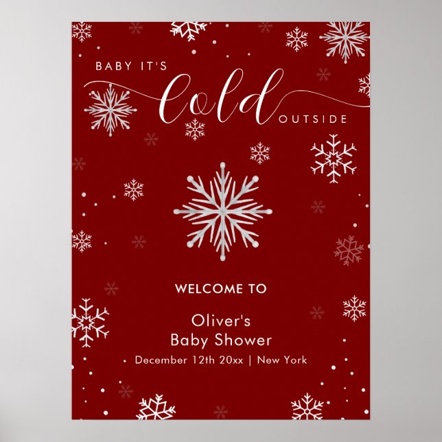Silver Red Magical Snowflake Baby Shower Welcome  Poster (Front)