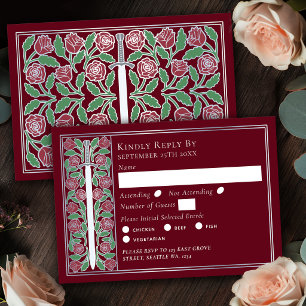 Silver Red Medieval Floral Sword Wedding RSVP Card