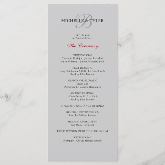 Silver & Red Monogram Wedding Program (Front)
