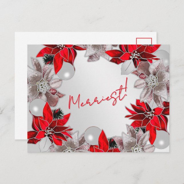Silver & Red Poinsettia Holiday Post Card (Front/Back)
