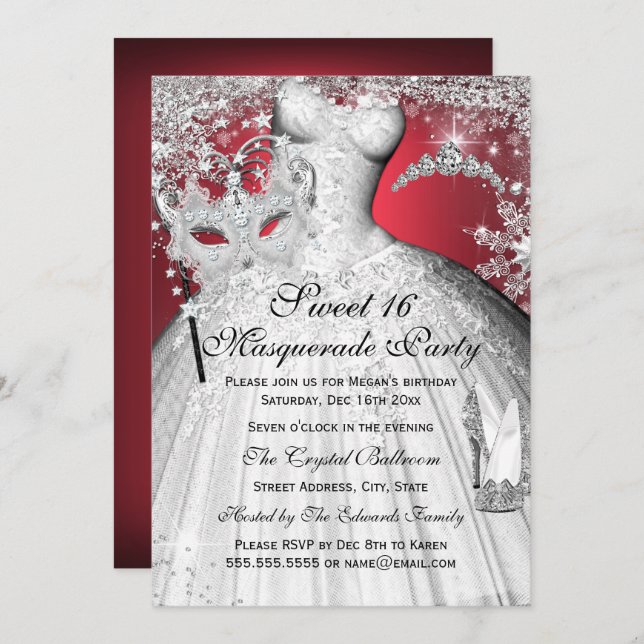 Silver Red Princess Masquerade Sweet 16 Invitation (Devant / Derrière)