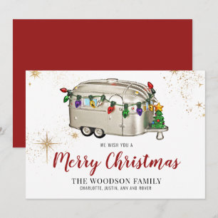 Silver Red Retro Vintage Camper Christmas Card