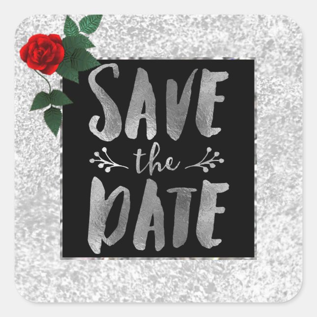 Silver Red Rose Save the Date Sticker (Front)