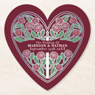 Silver Red Royal Medieval Floral Sword Wedding Paper Coaster
