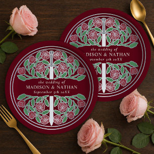 Silver Red Royal Medieval Floral Sword Wedding Paper Plate