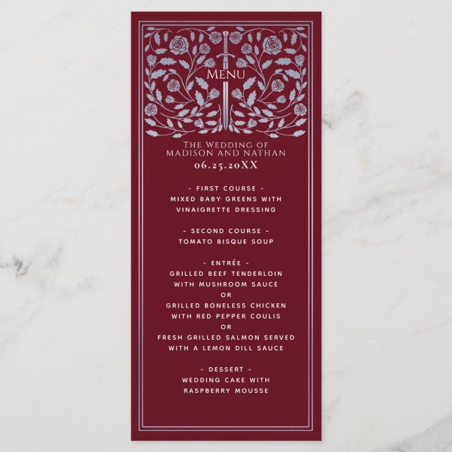 Silver Red Royal Medieval Sword Wedding  Menu (Front)