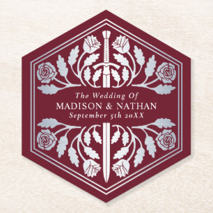 Silver Red Royal Medieval Sword Wedding Paper Coaster