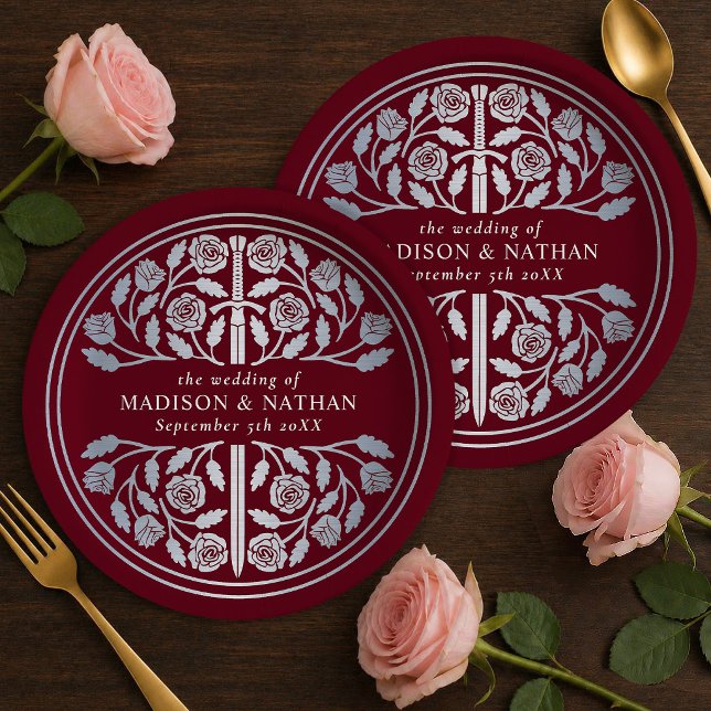 Silver Red Royal Medieval Sword Wedding  Paper Plate (Creator Uploaded)