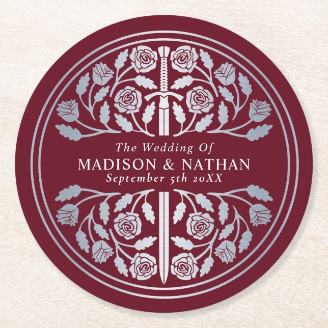 Silver Red Royal Medieval Sword Wedding Round Paper Coaster (Front)