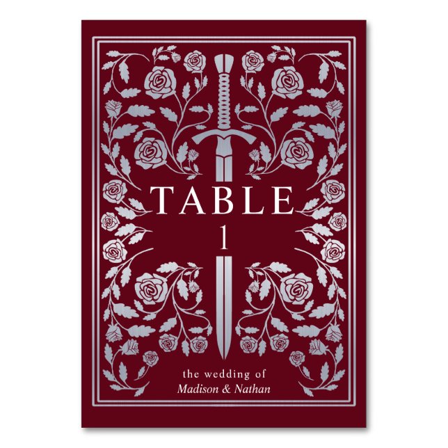 Silver Red Royal Medieval Sword Wedding  Table Number (Front)