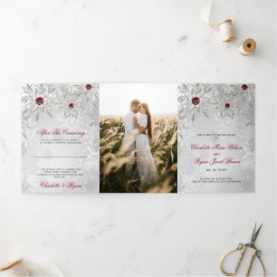 Silver Red Snowflake Winter Wedding  Tri-Fold Programme