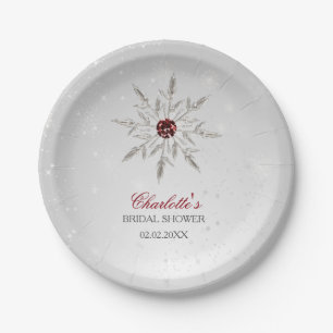 Silver Red Snowflakes Winter Bridal Shower Paper Plate