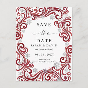 Silver Red Snowflakes Winter Wedding  Announcement Postcard