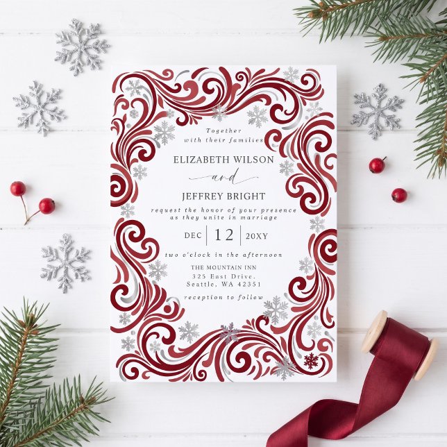 Silver Red Snowflakes Winter Wedding Invitation (Silver Red Snowflakes Winter Wedding Invitation)