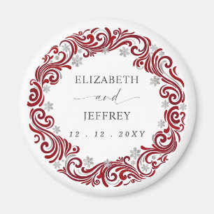 Silver Red Snowflakes Winter Wedding Magnet