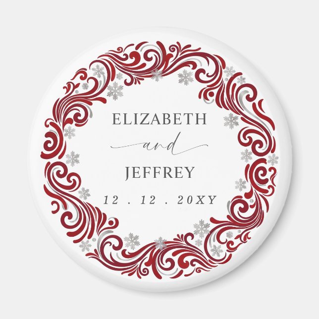 Silver Red Snowflakes Winter Wedding Magnet (Front)