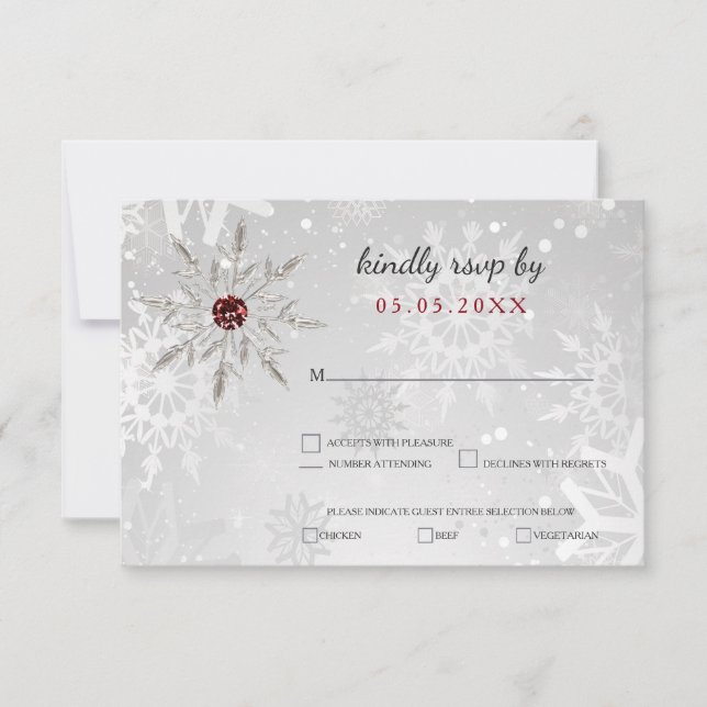 silver red snowflakes winter wedding rsvp card (Front)