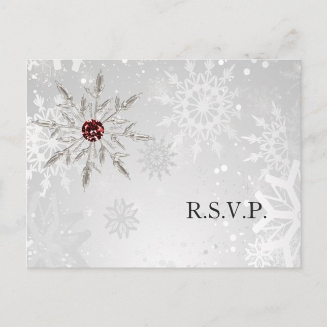 silver red snowflakes winter wedding rsvp invitation postcard (Front)