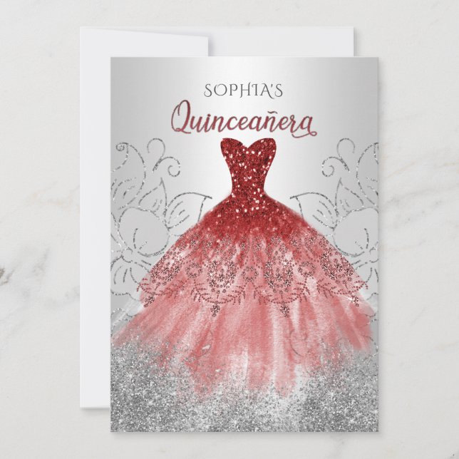 Silver Red Sparkle Dress Quinceañera Quince Invitation (Front)