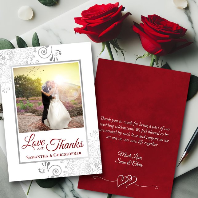 Silver Red & White Love Thanks Photo Note Wedding Thank You Card (Front/Back)