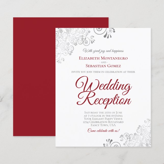 Silver Red & White Wedding Reception BUDGET Invite (Front/Back)