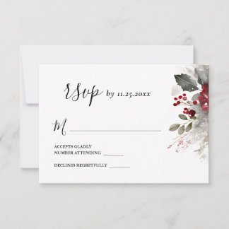 Silver Red Winter Christmas Floral Wedding RSVP Card