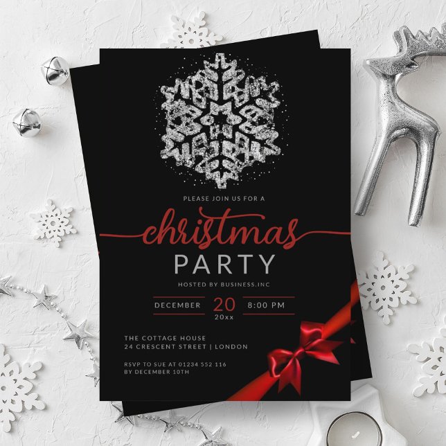 Silver Red Winter Glitter Snowflake Company Xmas  Invitation (Silver Red Winter Glitter Snowflake Company Xmas Invitation)