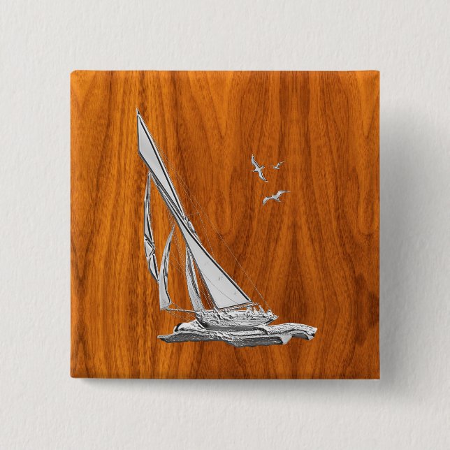 Silver Regatta Sailboat on Teak Veneer 2 Inch Square Button (Front)