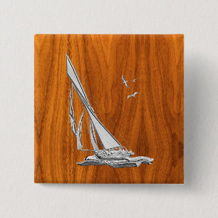 Silver Regatta Sailboat on Teak Veneer 2 Inch Square Button