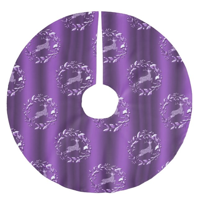Silver Reindeer and Wreaths Purple Christmas Brushed Polyester Tree Skirt (Front)