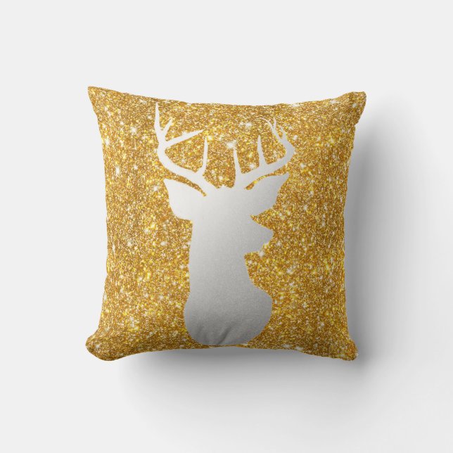 Silver Reindeer Antler Modern Gold Faux Glitter Throw Pillow (Front)