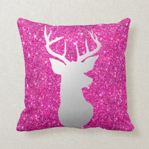 Silver Reindeer Antler Modern Pink Faux Glitter Throw Pillow