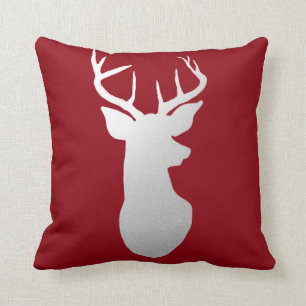 Silver Reindeer Antler Modern Silhouette Red Throw Pillow