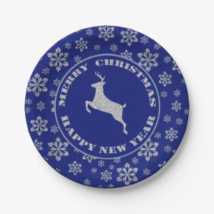Silver Reindeer Blue Snowflake Paper Plate