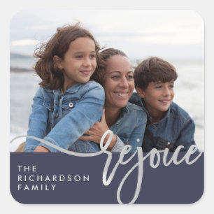 Silver Rejoice   Modern Typography with Photo Square Sticker